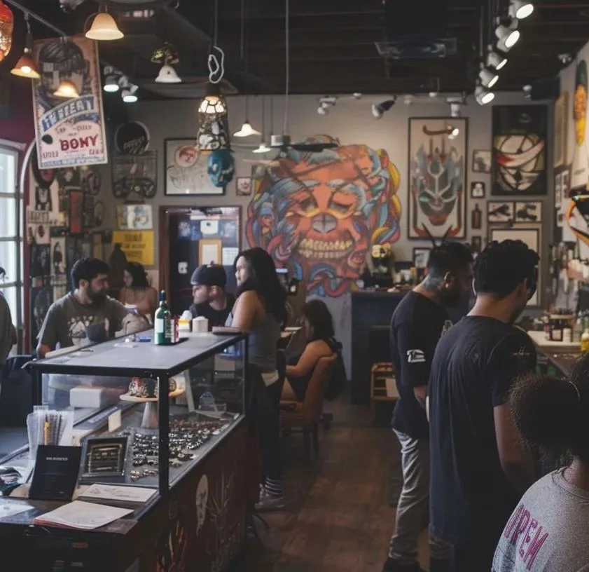 a vibrant walk-in tattoo shop bustling with diverse clients, each discussing designs with professional artists in a clean, well-organized interior adorned with striking flash art on display.
