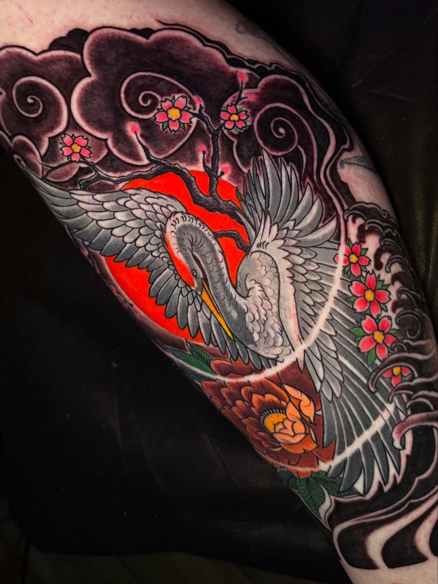 Beautiful custom Crane tattoo!